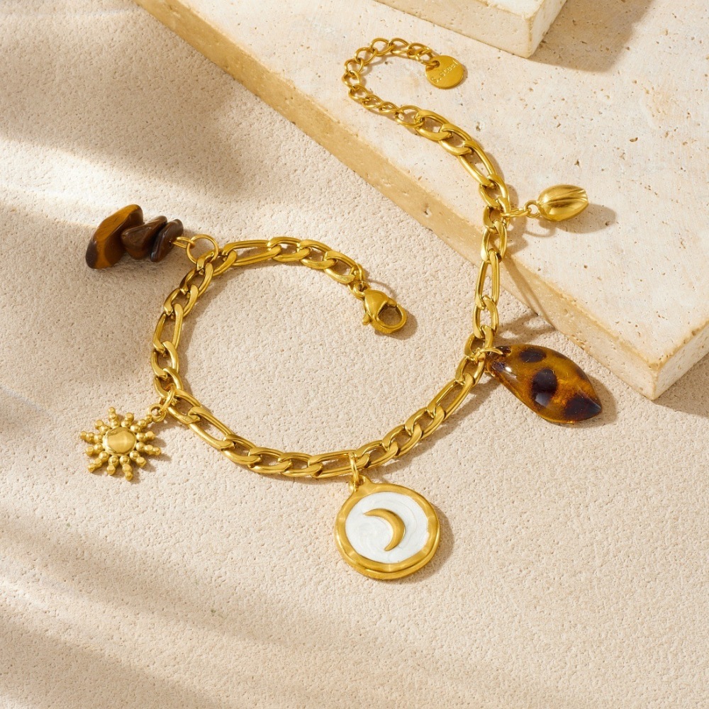 Fashionable, retro, sophisticated, elegant white gold-plated moon-shaped stainless steel sun leopard print pebble bracelet