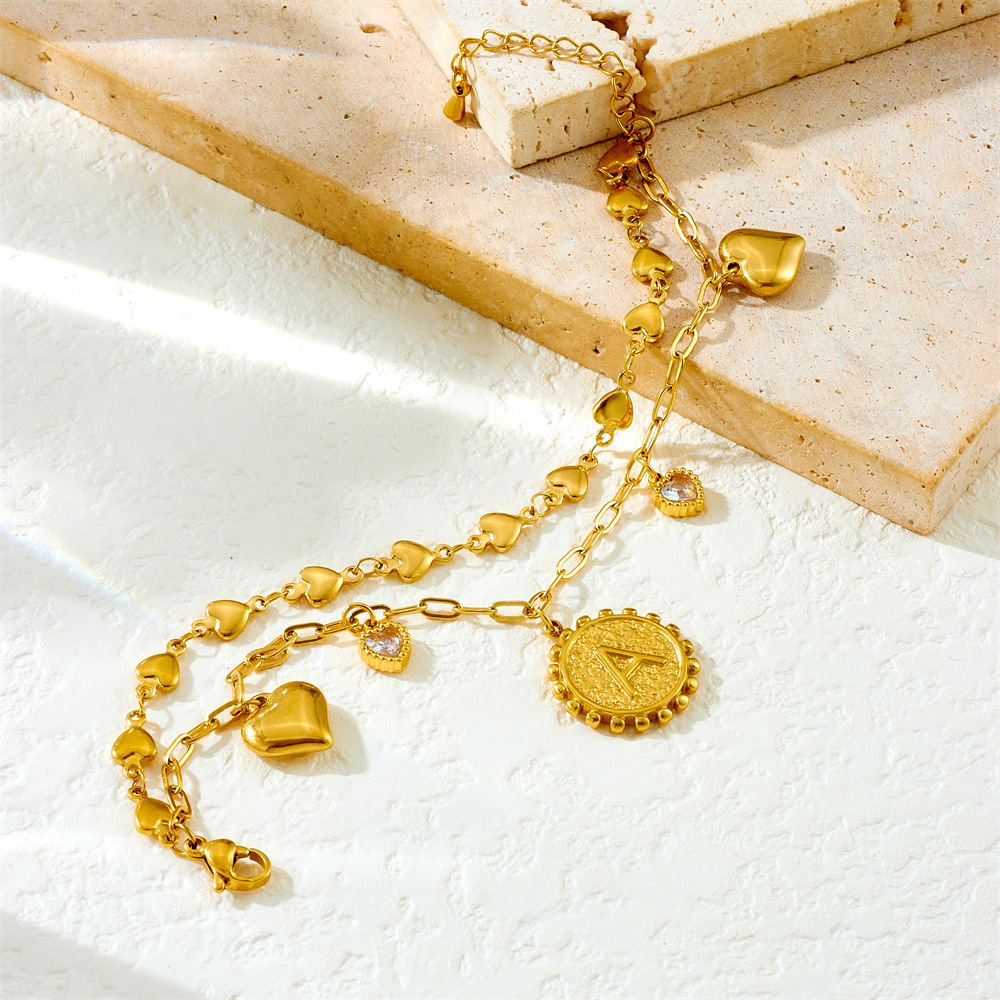 New cross-border fashion versatile double-sided letter round pendant with diamond-encrusted heart, stainless steel stackable bracelet