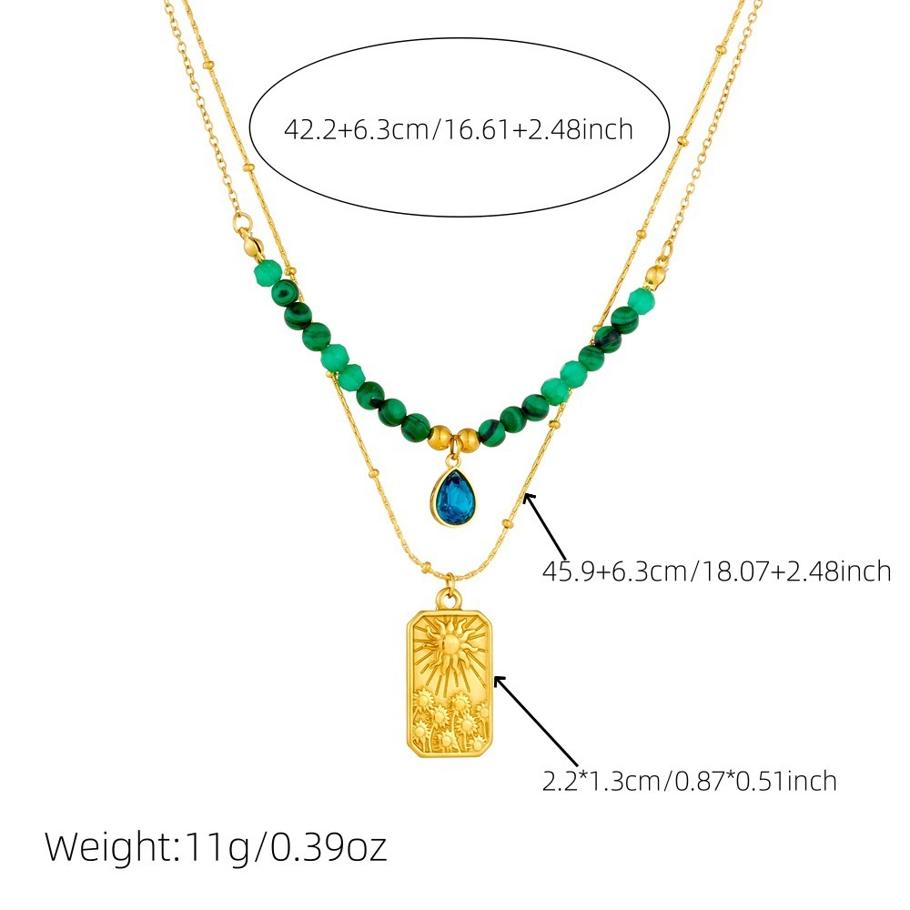 French-style niche, artistic, retro malachite beaded emerald geometric square pendant, double-layered heart necklace