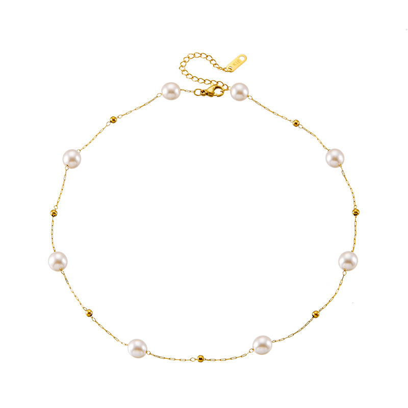 European and American style retro minimalist round pearl accessory chain stainless steel necklace