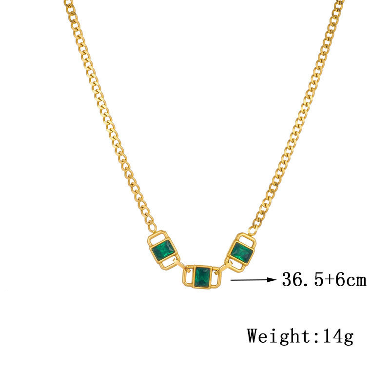 European and American style retro minimalist square necklace with emerald and rhinestone inlay and titanium steel chain.