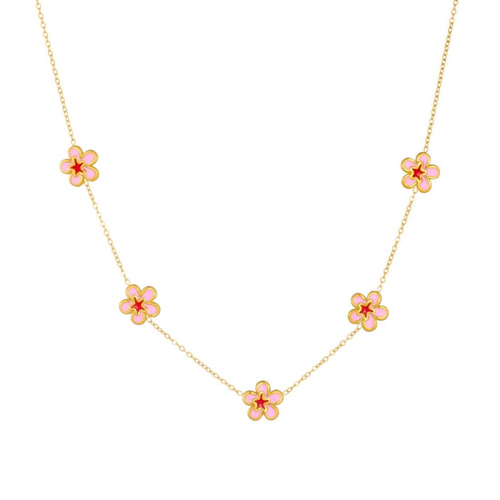 Japanese and Korean style fresh and sweet pink floral jewelry set with gold-plated peach blossom accessories and clavicle chain.