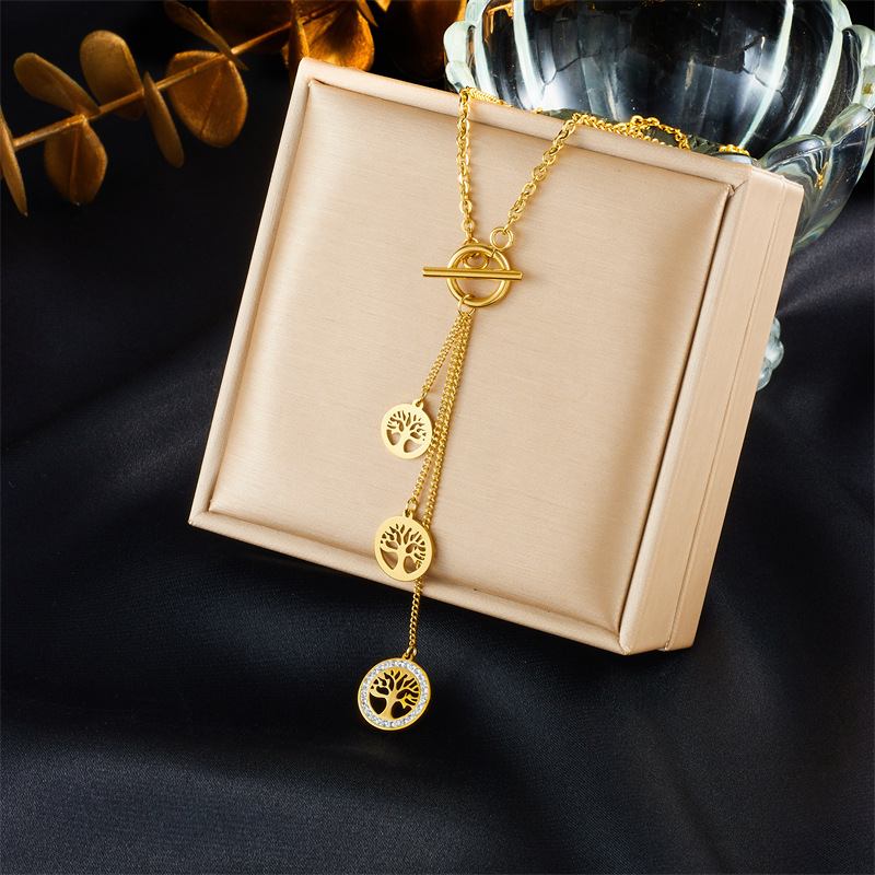 European and American style, unique design, retro gold-plated titanium steel chain tassel, Tree of Life pendant necklace.