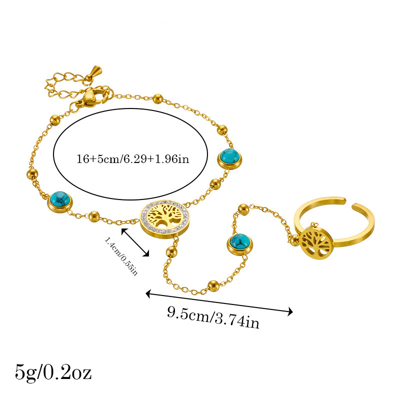 European and American style retro high-end chain gold-plated stainless steel Tree of Life blue turquoise accessories open ring bracelet