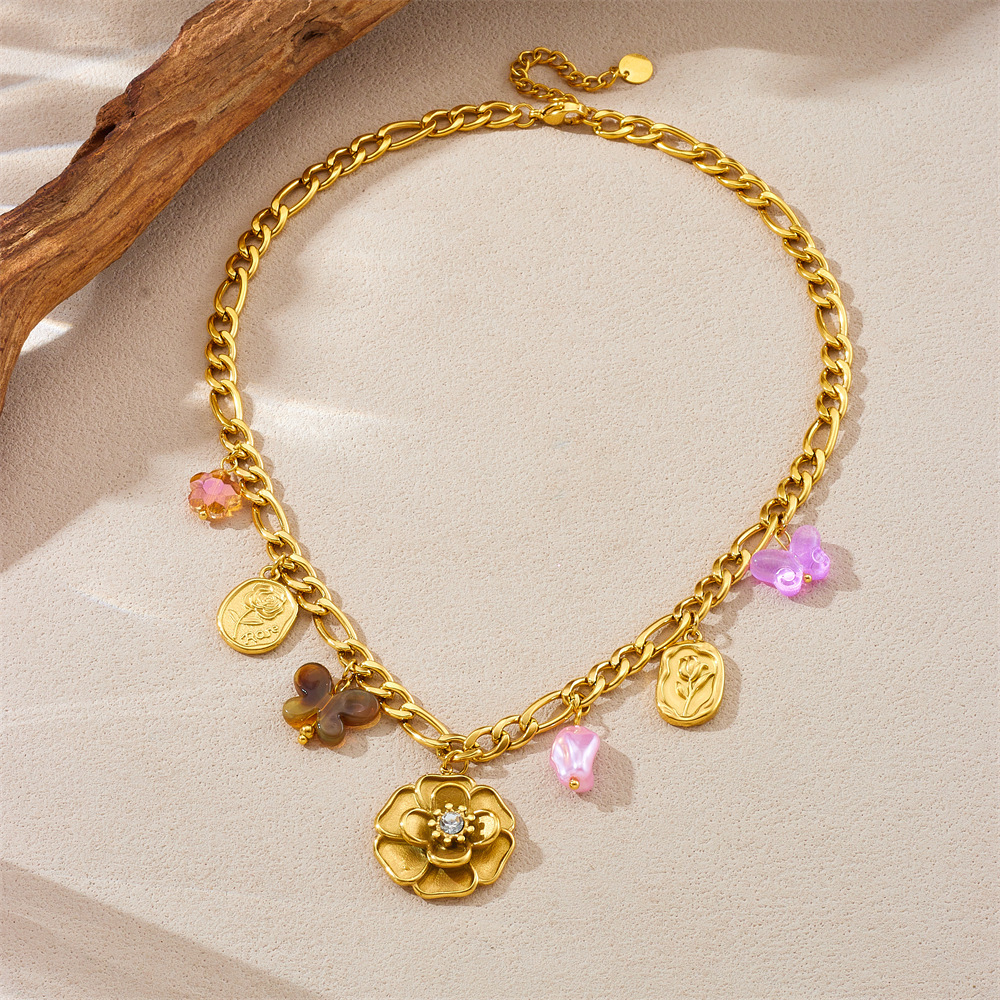 Fashionable new cross-border multi-element butterfly and camellia accessory pendant chain gold-plated stainless steel jewelry necklace