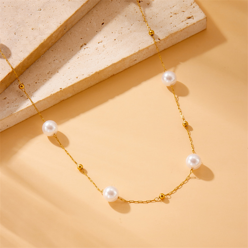 European and American style retro minimalist round pearl accessory chain stainless steel necklace