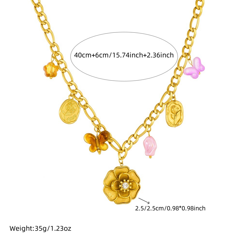Fashionable new cross-border multi-element butterfly and camellia accessory pendant chain gold-plated stainless steel jewelry necklace