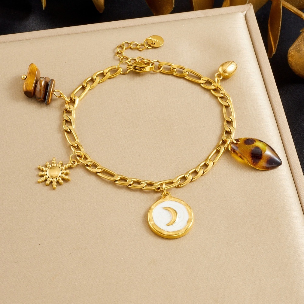 Fashionable, retro, sophisticated, elegant white gold-plated moon-shaped stainless steel sun leopard print pebble bracelet