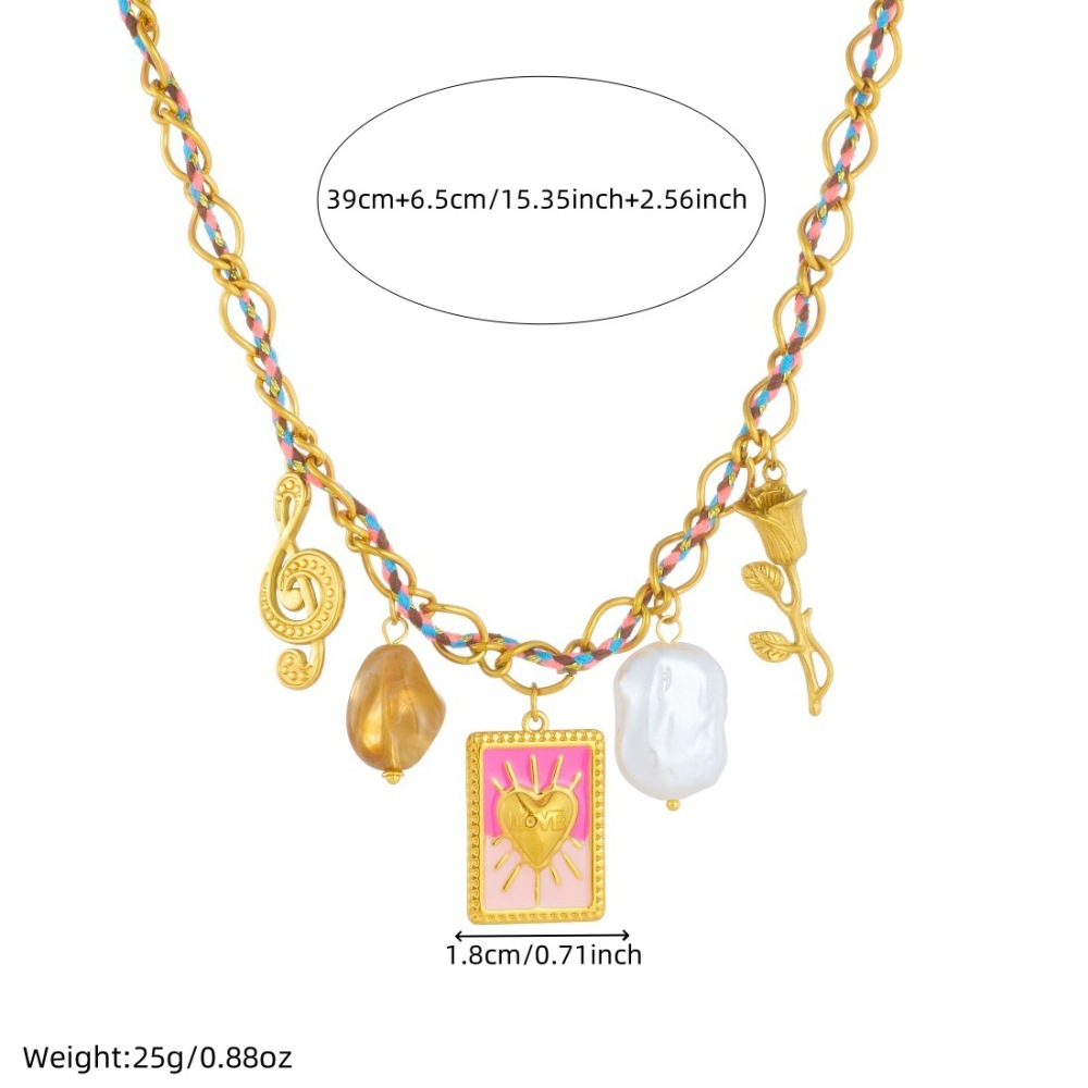Cross-border fashion trendy pearl heart square gold-plated musical note pendant colorful dopamine rope necklace