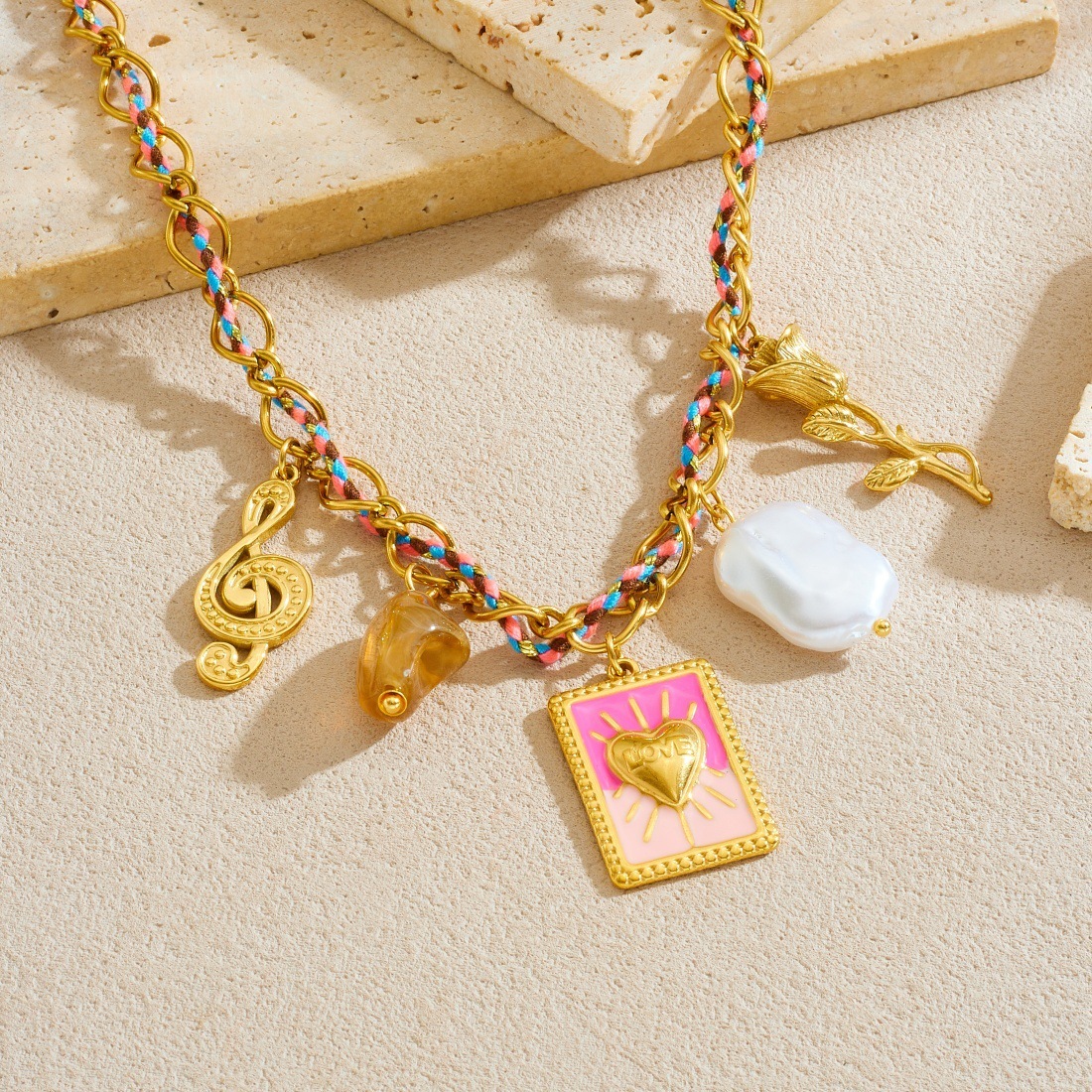 Cross-border fashion trendy pearl heart square gold-plated musical note pendant colorful dopamine rope necklace