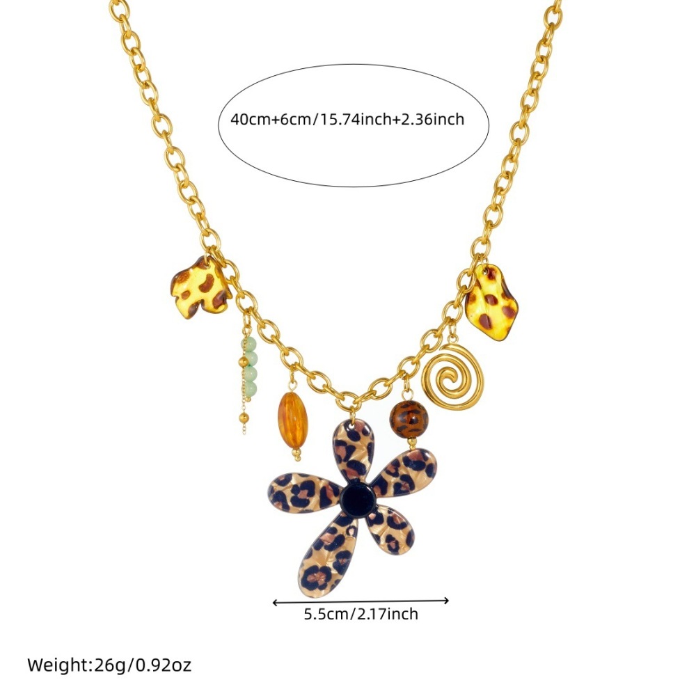 Cross-border fashion creative leopard print acrylic petal flower pendant spiral gold-plated stainless steel tassel necklace