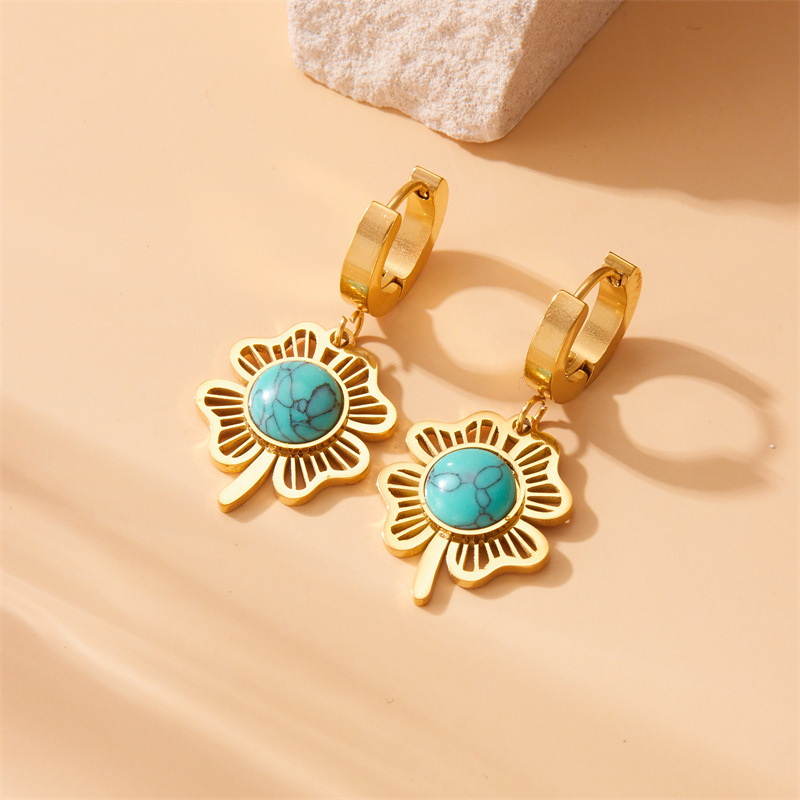 European and American style, retro and high-end, blue turquoise four-leaf clover tree of life round pendant earring necklace set