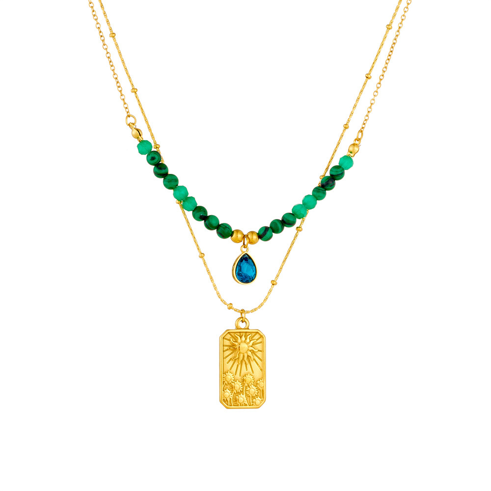 French-style niche, artistic, retro malachite beaded emerald geometric square pendant, double-layered heart necklace