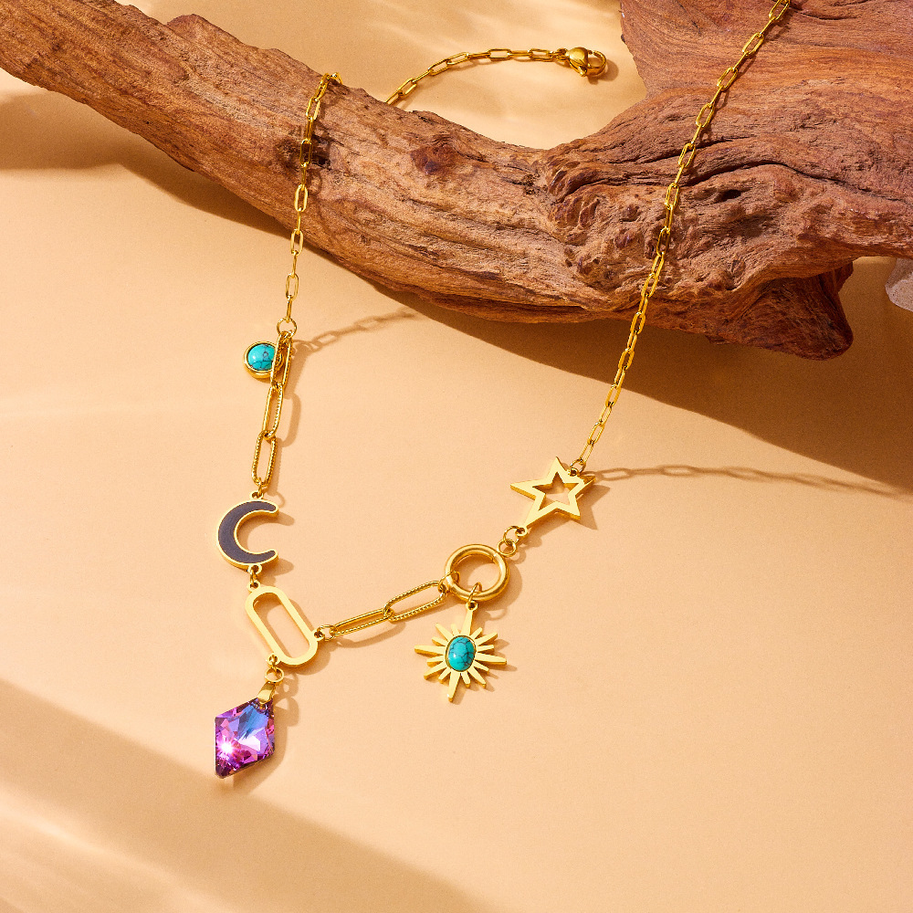Fashionable and luxurious purple rhombus-cut diamond pendant, eight-pointed star, turquoise moon, stainless steel clavicle chain necklace.