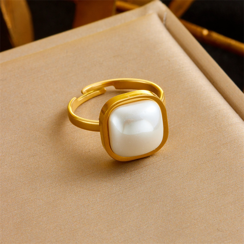 Fashionable retro minimalist design pearl square quadrilateral accessory open stainless steel ring
