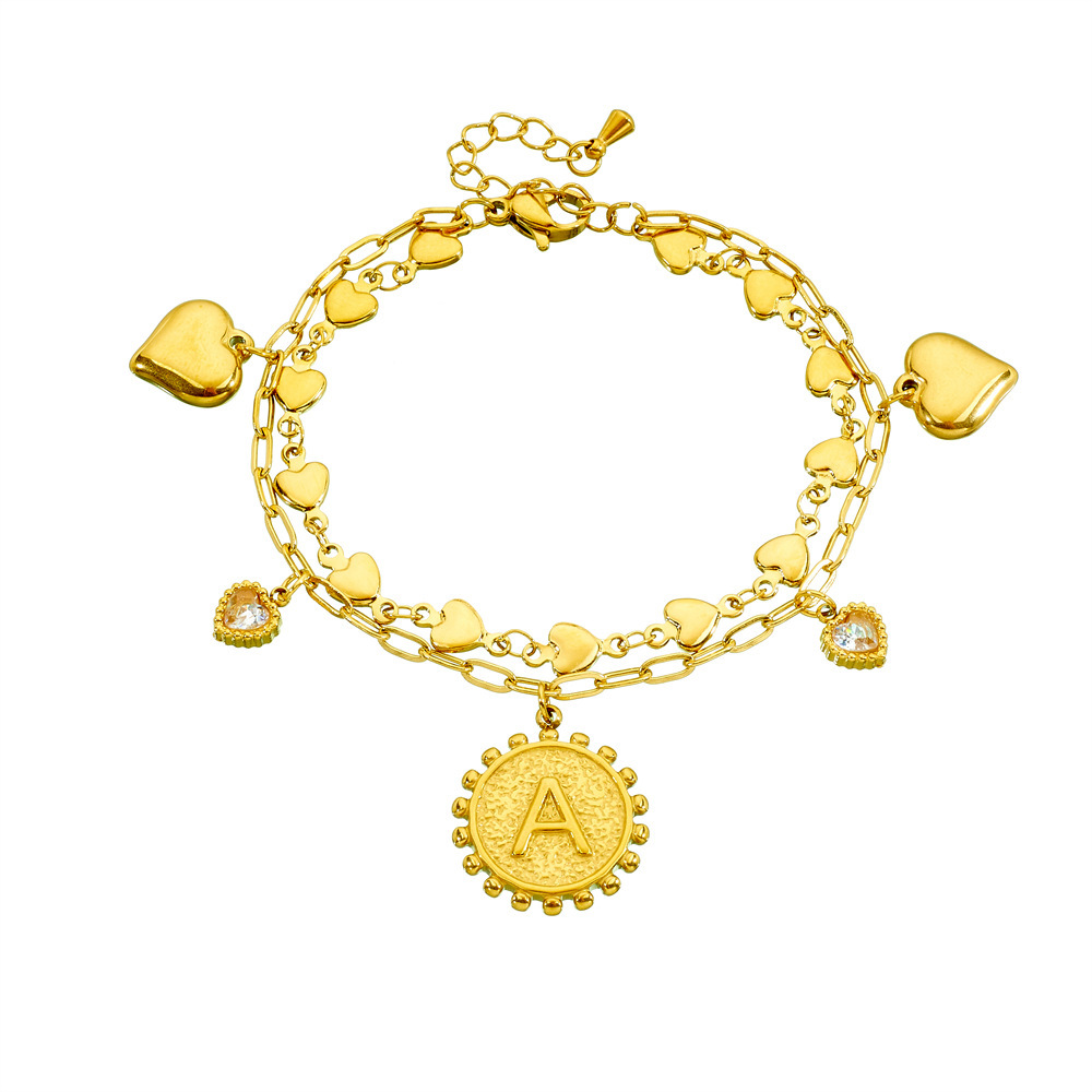 New cross-border fashion versatile double-sided letter round pendant with diamond-encrusted heart, stainless steel stackable bracelet