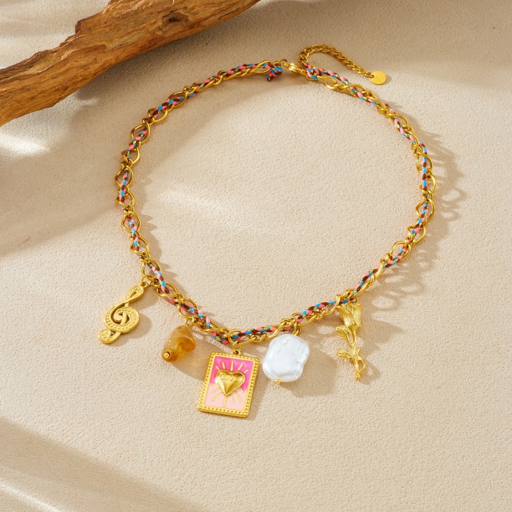 Cross-border fashion trendy pearl heart square gold-plated musical note pendant colorful dopamine rope necklace