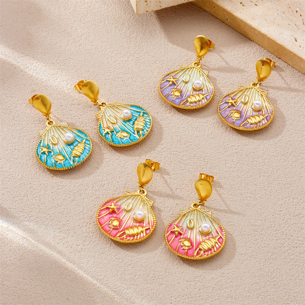 Fashionable cartoon cute ocean-themed gradient oil drop scallop and starfish shell pendant stainless steel short earrings for women