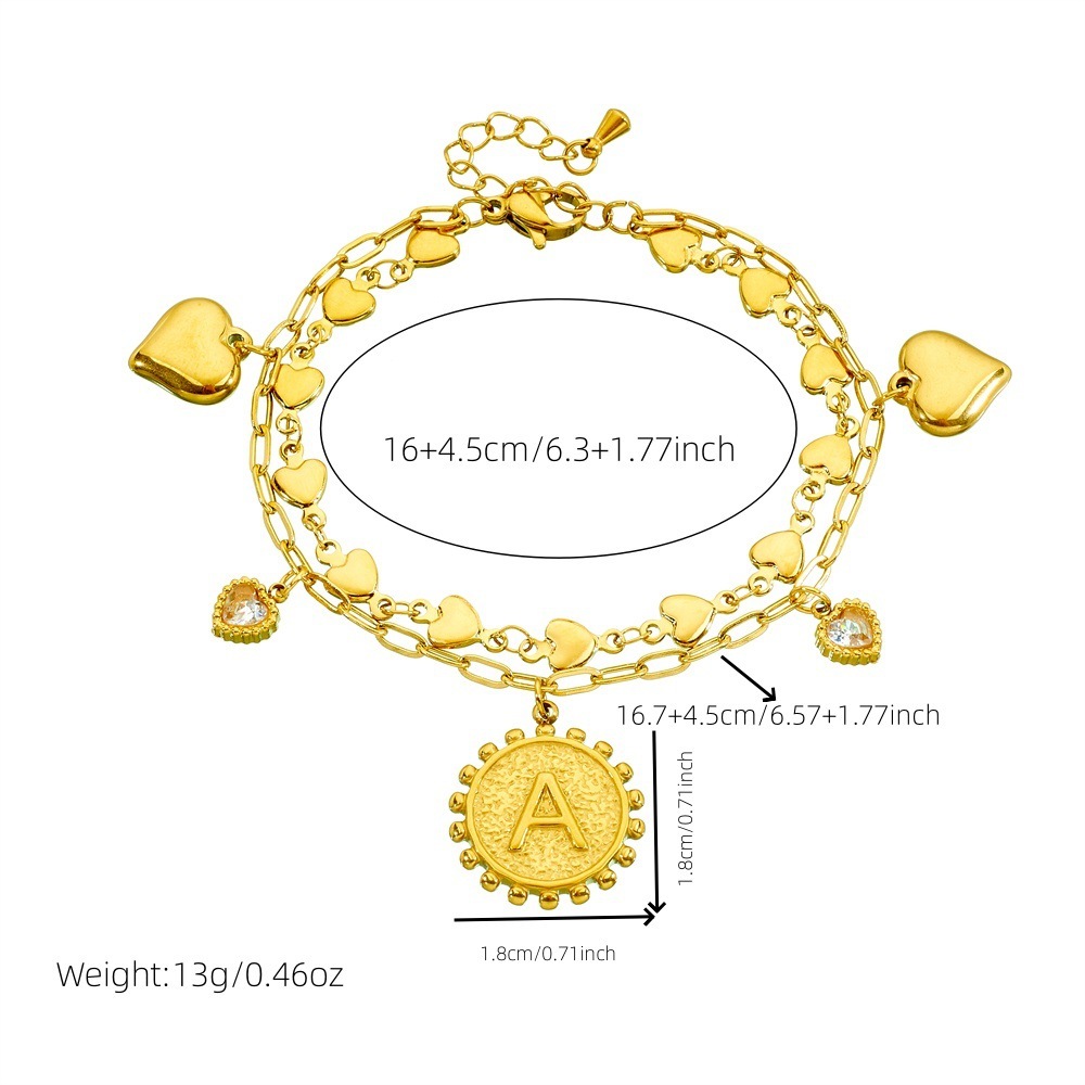 New cross-border fashion versatile double-sided letter round pendant with diamond-encrusted heart, stainless steel stackable bracelet