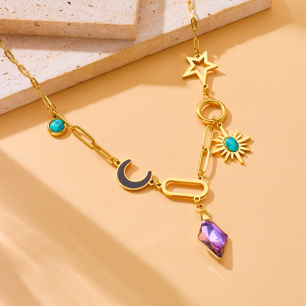 Fashionable and luxurious purple rhombus-cut diamond pendant, eight-pointed star, turquoise moon, stainless steel clavicle chain necklace.