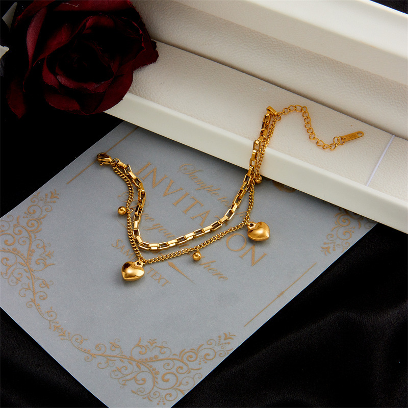 Korean style trendy minimalist punk hip-hop retro double-layer heart bead titanium steel pendant chain bracelet