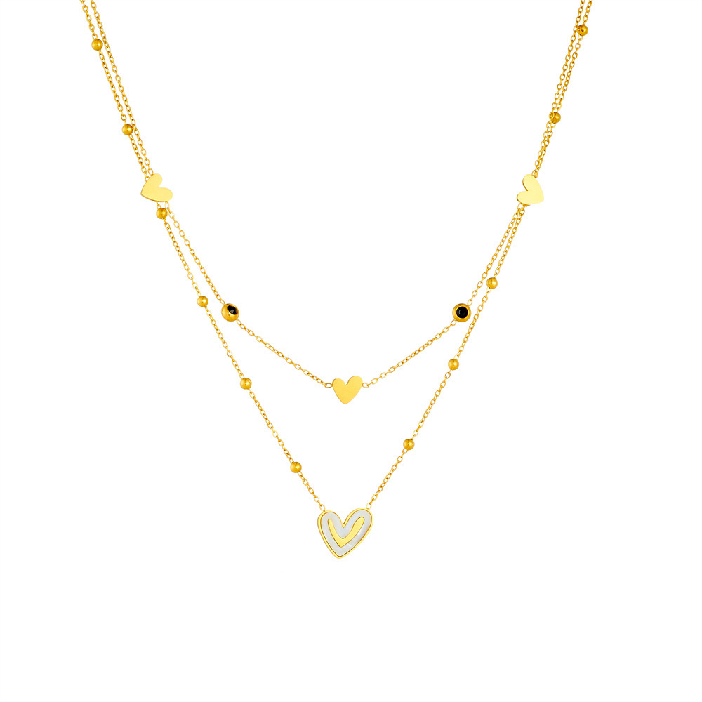 Korean-style fashionable and simple white shell heart smiley face black and white double diamond stacked multi-layer thin chain gold-plated stainless steel necklace