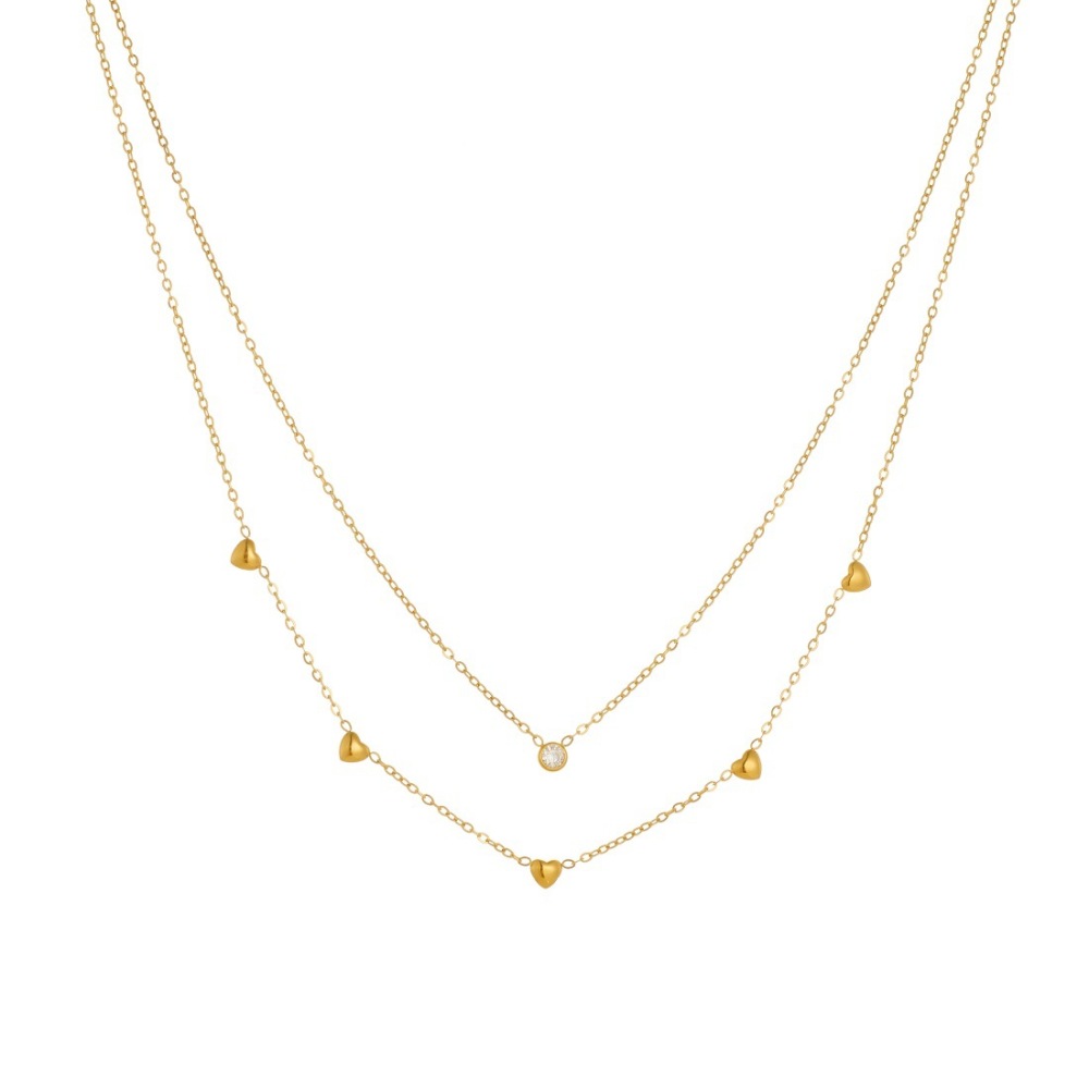 Korean style fashionable and exquisite gold-plated stainless steel double-layered diamond-encrusted heart-shaped pendant necklace, simple and versatile jewelry.