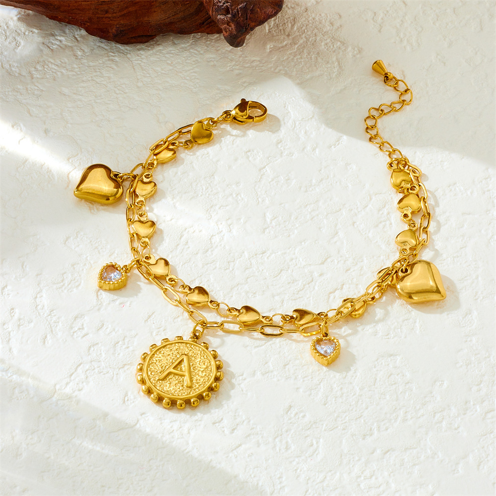 New cross-border fashion versatile double-sided letter round pendant with diamond-encrusted heart, stainless steel stackable bracelet
