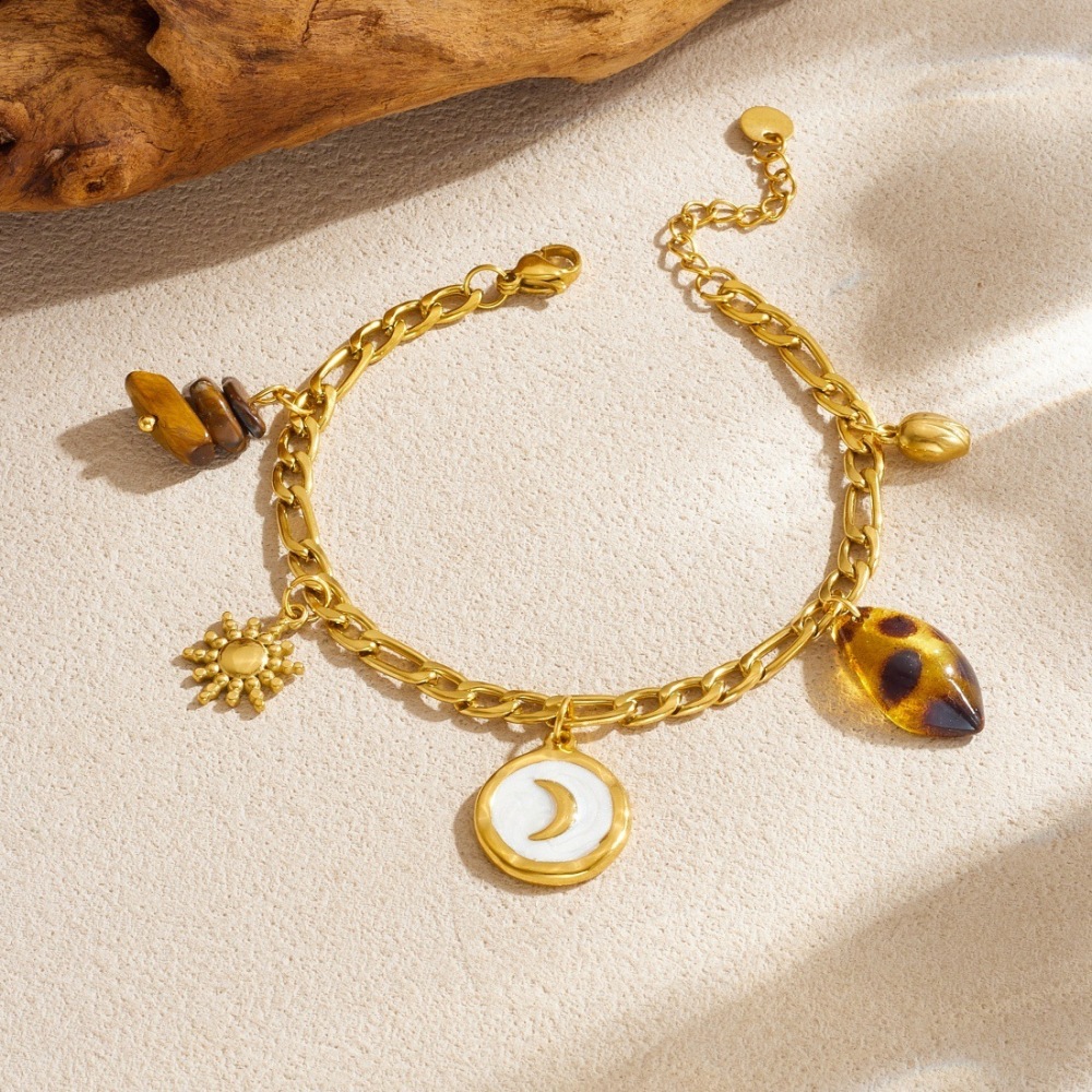 Fashionable, retro, sophisticated, elegant white gold-plated moon-shaped stainless steel sun leopard print pebble bracelet