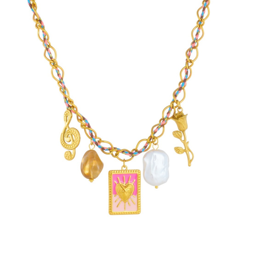 Cross-border fashion trendy pearl heart square gold-plated musical note pendant colorful dopamine rope necklace