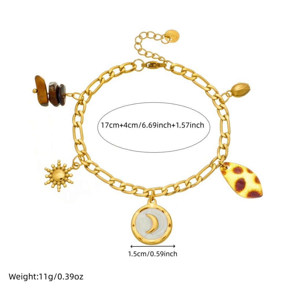 Fashionable, retro, sophisticated, elegant white gold-plated moon-shaped stainless steel sun leopard print pebble bracelet