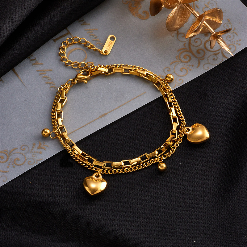 Korean style trendy minimalist punk hip-hop retro double-layer heart bead titanium steel pendant chain bracelet