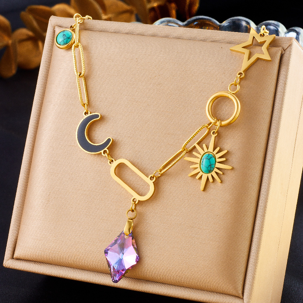 Fashionable and luxurious purple rhombus-cut diamond pendant, eight-pointed star, turquoise moon, stainless steel clavicle chain necklace.