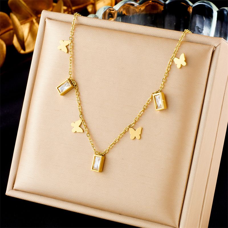 European and American style, simple, retro, versatile, rhinestone-encrusted square butterfly accessory pendant chain necklace