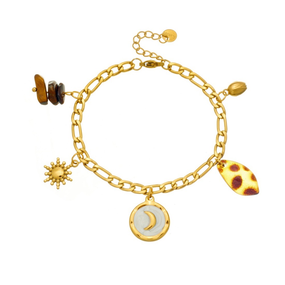Fashionable, retro, sophisticated, elegant white gold-plated moon-shaped stainless steel sun leopard print pebble bracelet