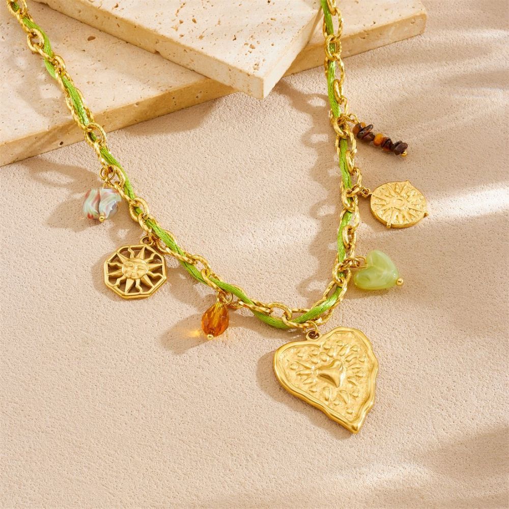 Cross-border popular colorful pendant braided rope metal chain gold-plated irregular heart accessory pastoral style necklace