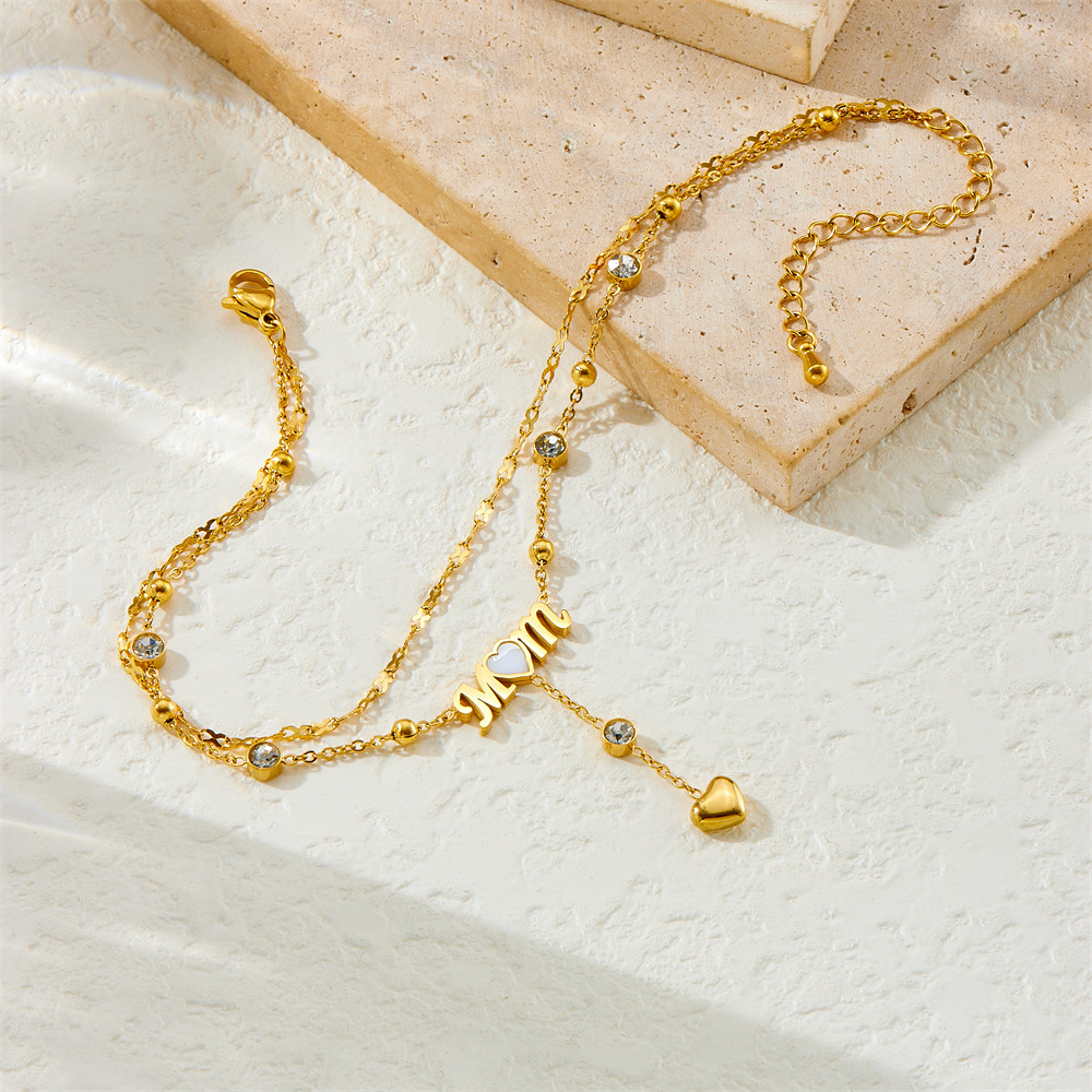 Korean style niche diamond-encrusted heart letter mom tassel chain stackable stainless steel jewelry gold-plated women's anklet