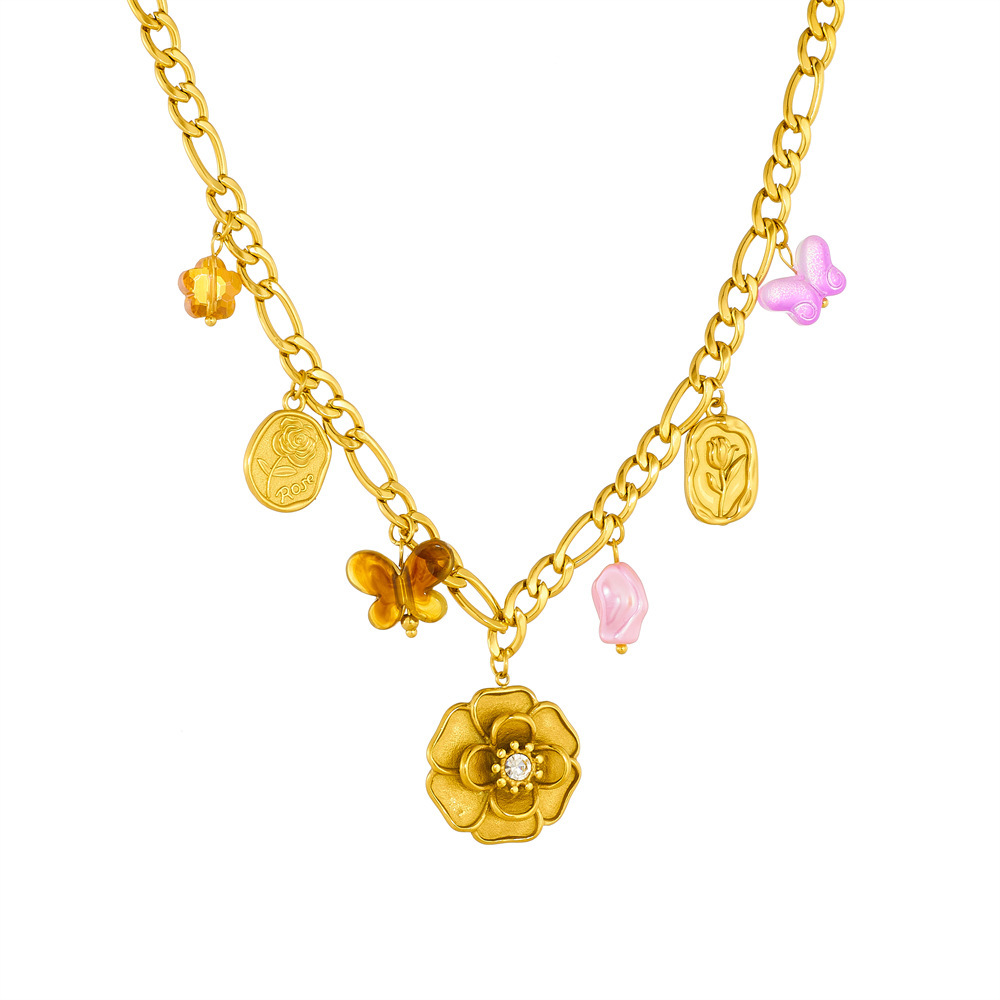Fashionable new cross-border multi-element butterfly and camellia accessory pendant chain gold-plated stainless steel jewelry necklace