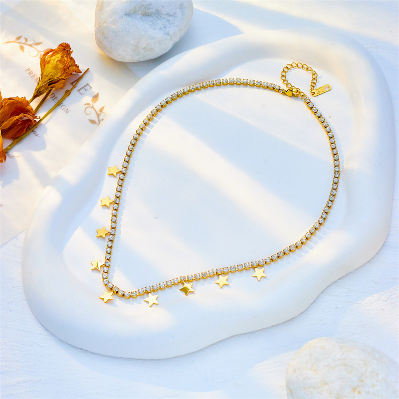 European and American style cross-border minimalist square diamond-encrusted five-pointed star pendant chain jewelry titanium steel metal necklace