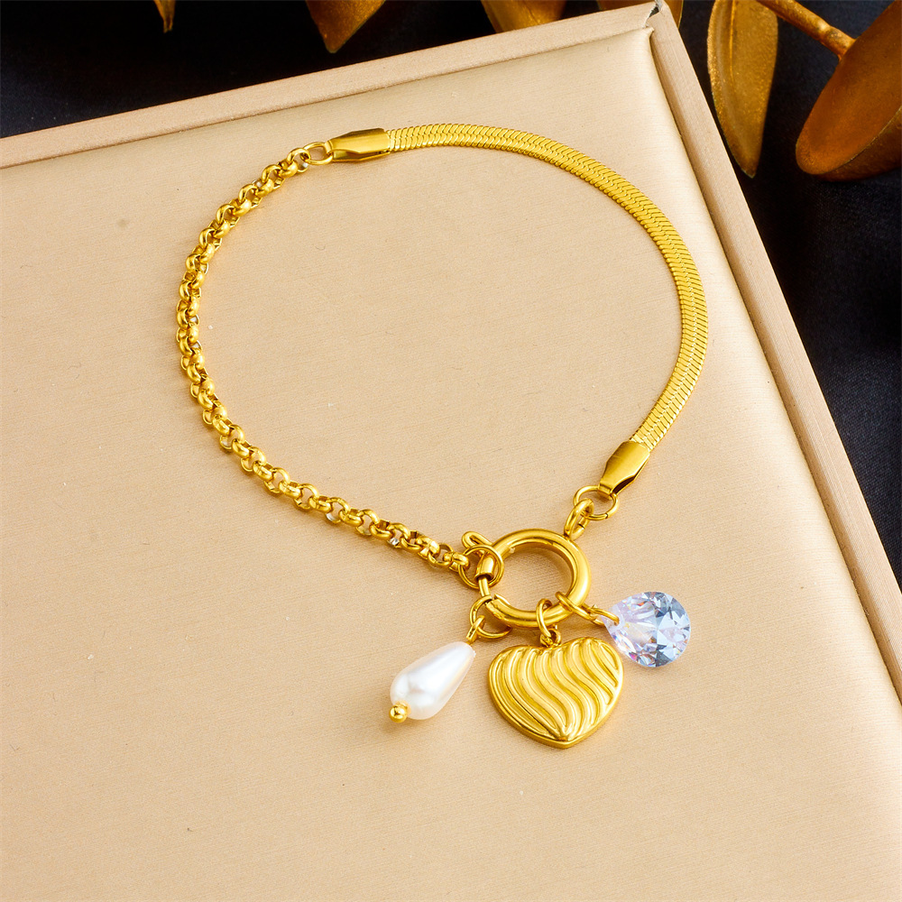 Cross-border fashion, elegant and versatile gold-plated heart-shaped square white shell pearl teardrop pendant irregular stainless steel bracelet