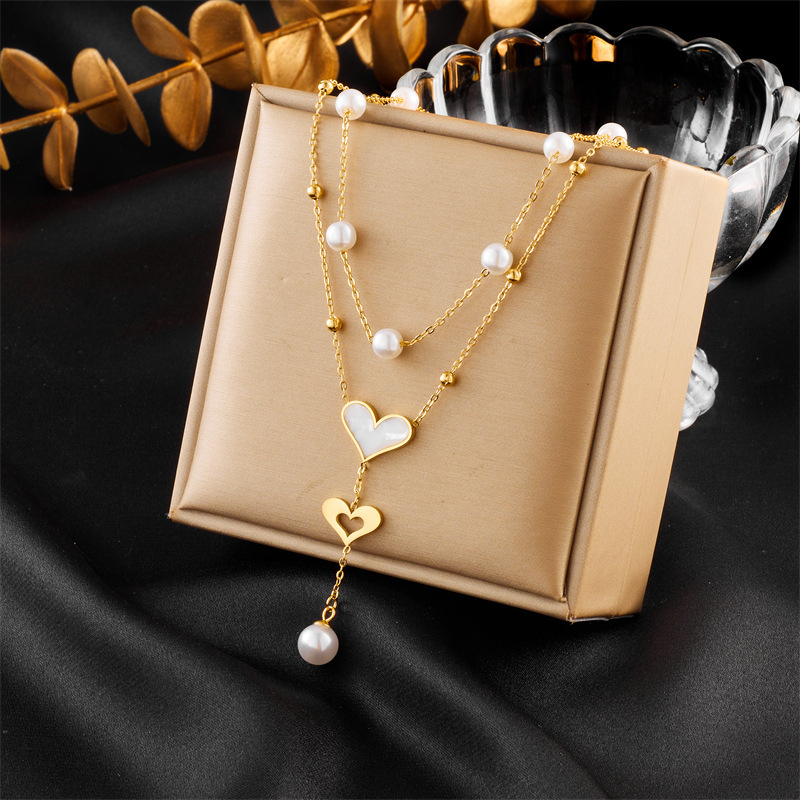 European and American style niche retro double-layer chain pearl butterfly tassel pendant necklace
