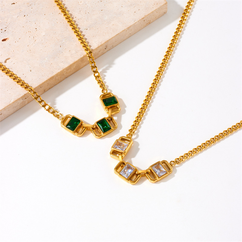 European and American style retro minimalist square necklace with emerald and rhinestone inlay and titanium steel chain.