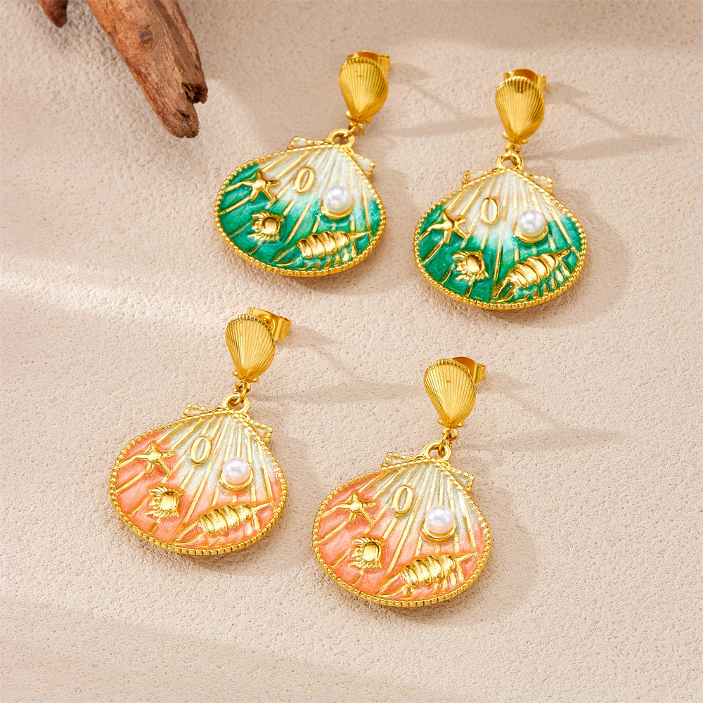 Fashionable cartoon cute ocean-themed gradient oil drop scallop and starfish shell pendant stainless steel short earrings for women
