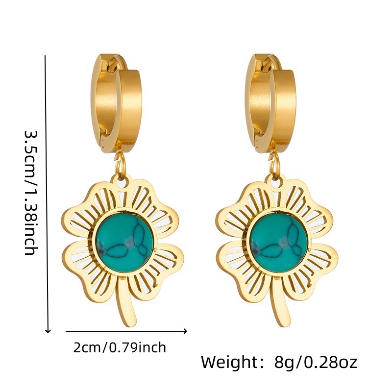 European and American style, retro and high-end, blue turquoise four-leaf clover tree of life round pendant earring necklace set