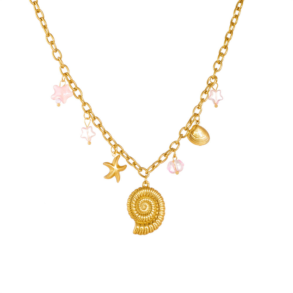 Fashionable and unique multi-element conch and starfish shell accessories pendant gold-plated stainless steel unisex necklace
