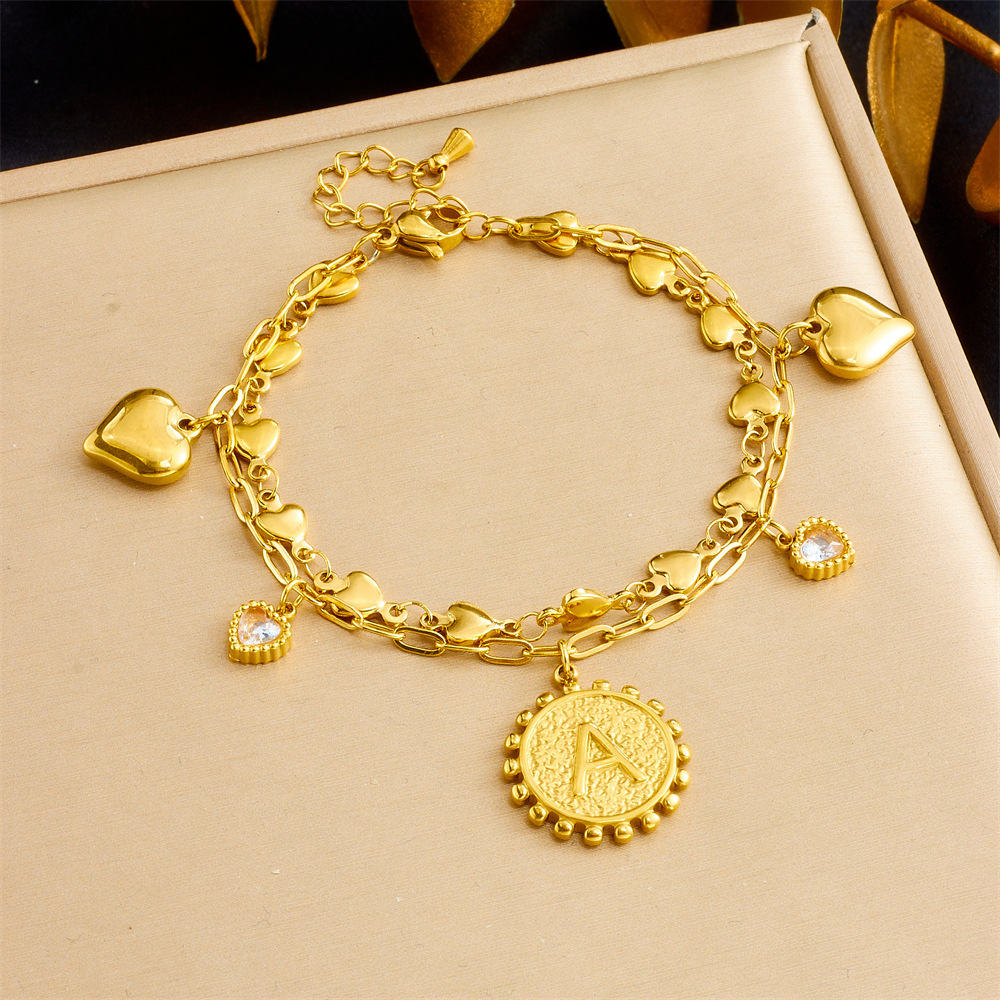 New cross-border fashion versatile double-sided letter round pendant with diamond-encrusted heart, stainless steel stackable bracelet