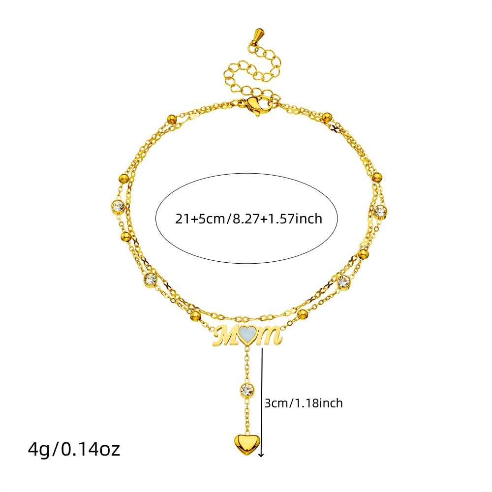 Korean style niche diamond-encrusted heart letter mom tassel chain stackable stainless steel jewelry gold-plated women's anklet