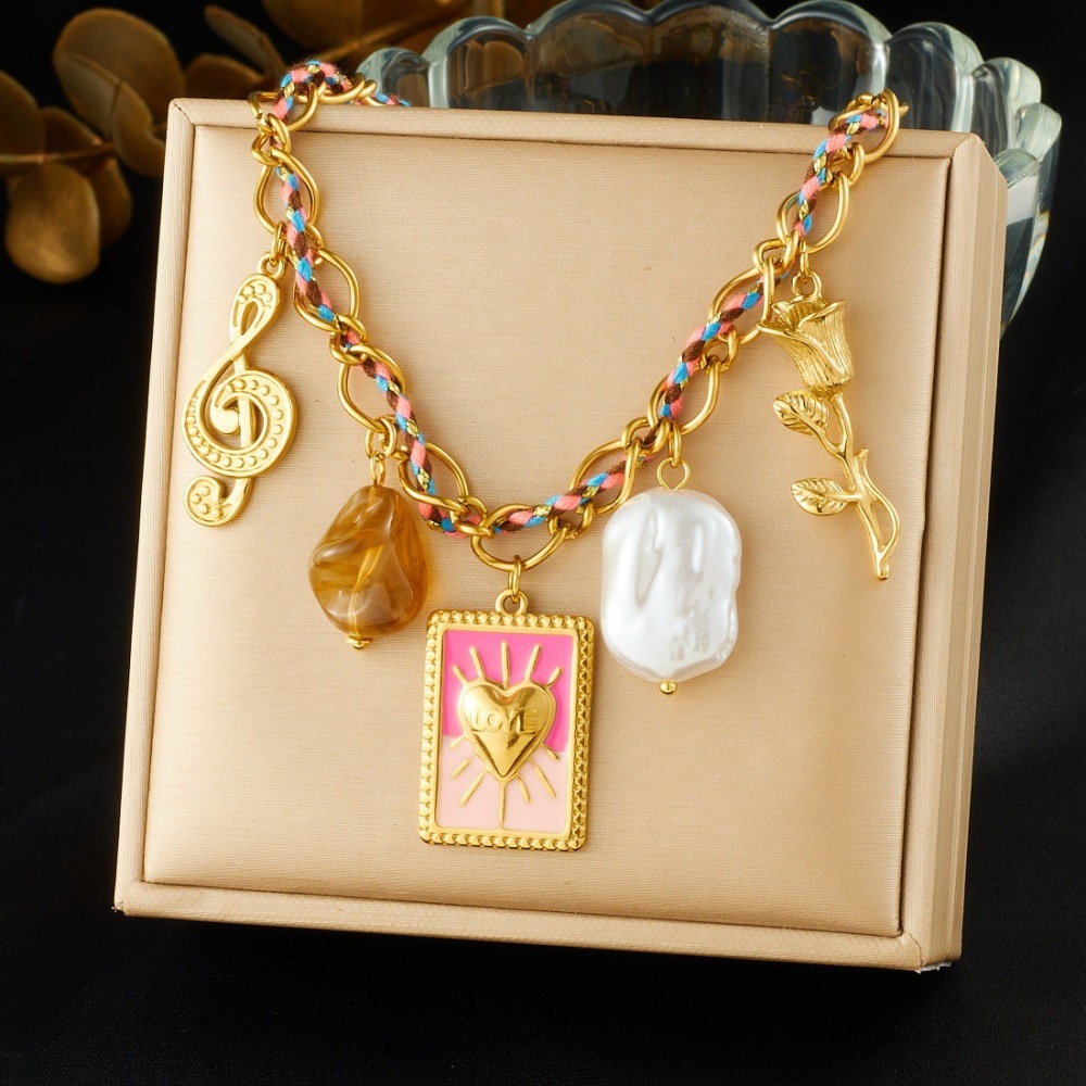 Cross-border fashion trendy pearl heart square gold-plated musical note pendant colorful dopamine rope necklace
