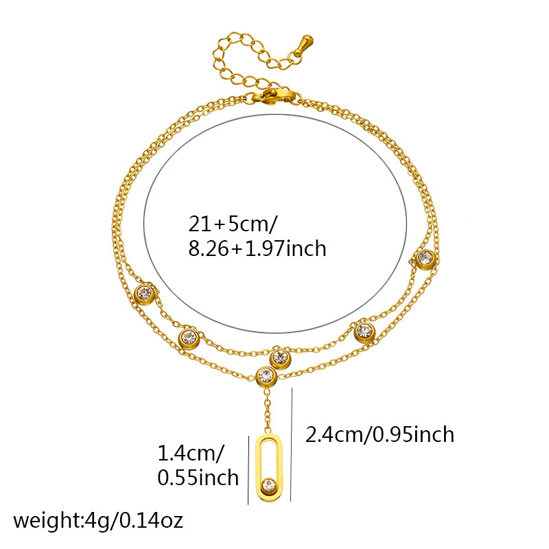 Fashionable niche design, understated luxury, high-end feel, gold-plated stackable stainless steel double-layer chain, diamond-encrusted geometric anklet