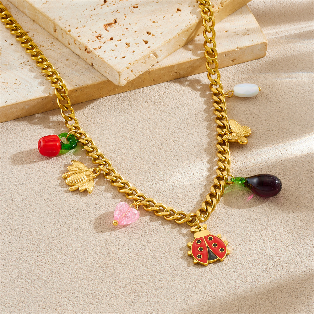 Fashionable new cross-border cute cartoon ladybug bee butterfly lantern chili pendant stainless steel set